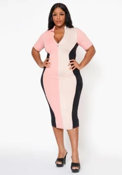 Plus Size Color Block Zip Front Bodycon Dress