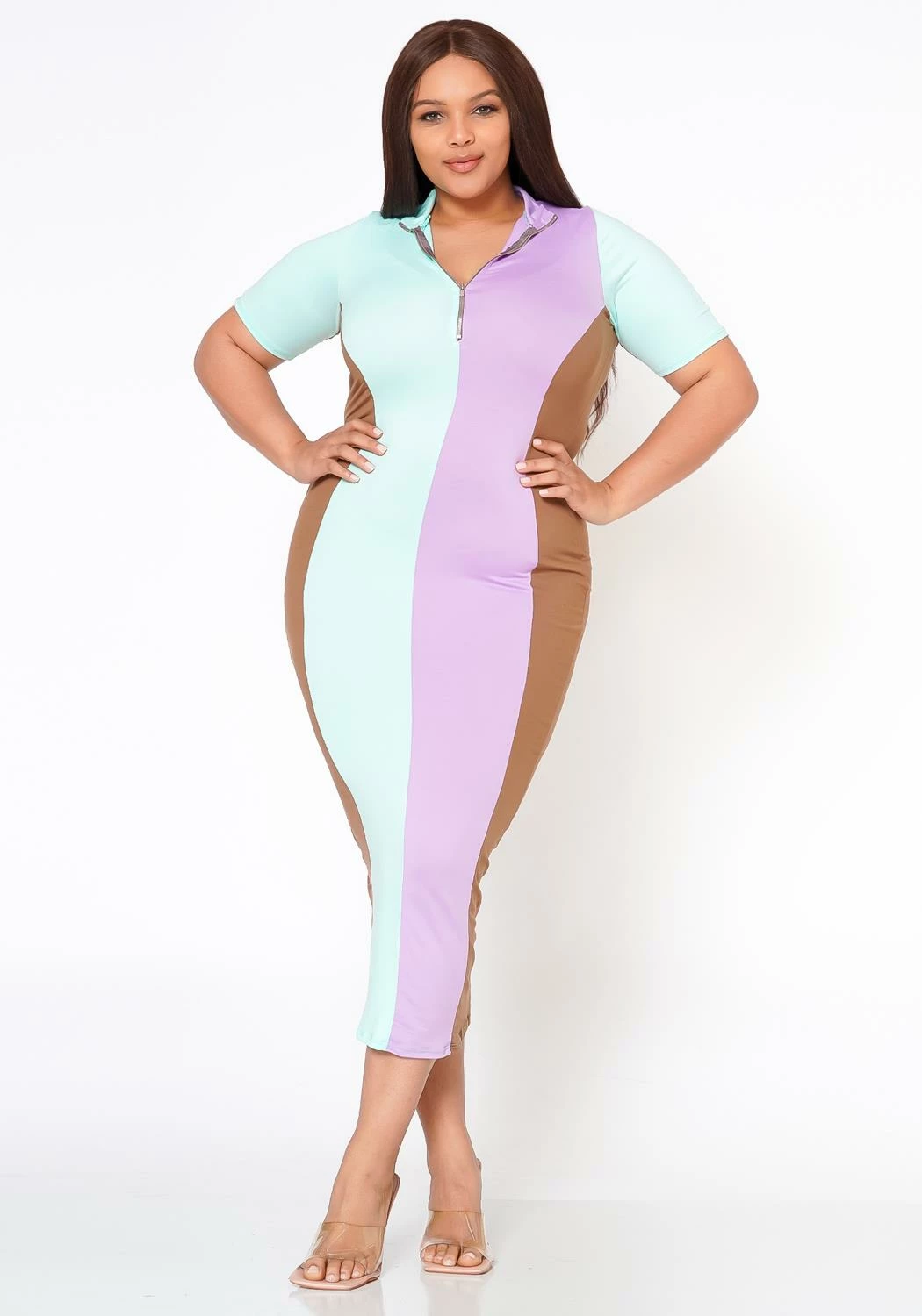 Plus Size Color Block Zip Front Bodycon Dress 2 Plus Size Color Block Zip Front Bodycon Dress - Image 2