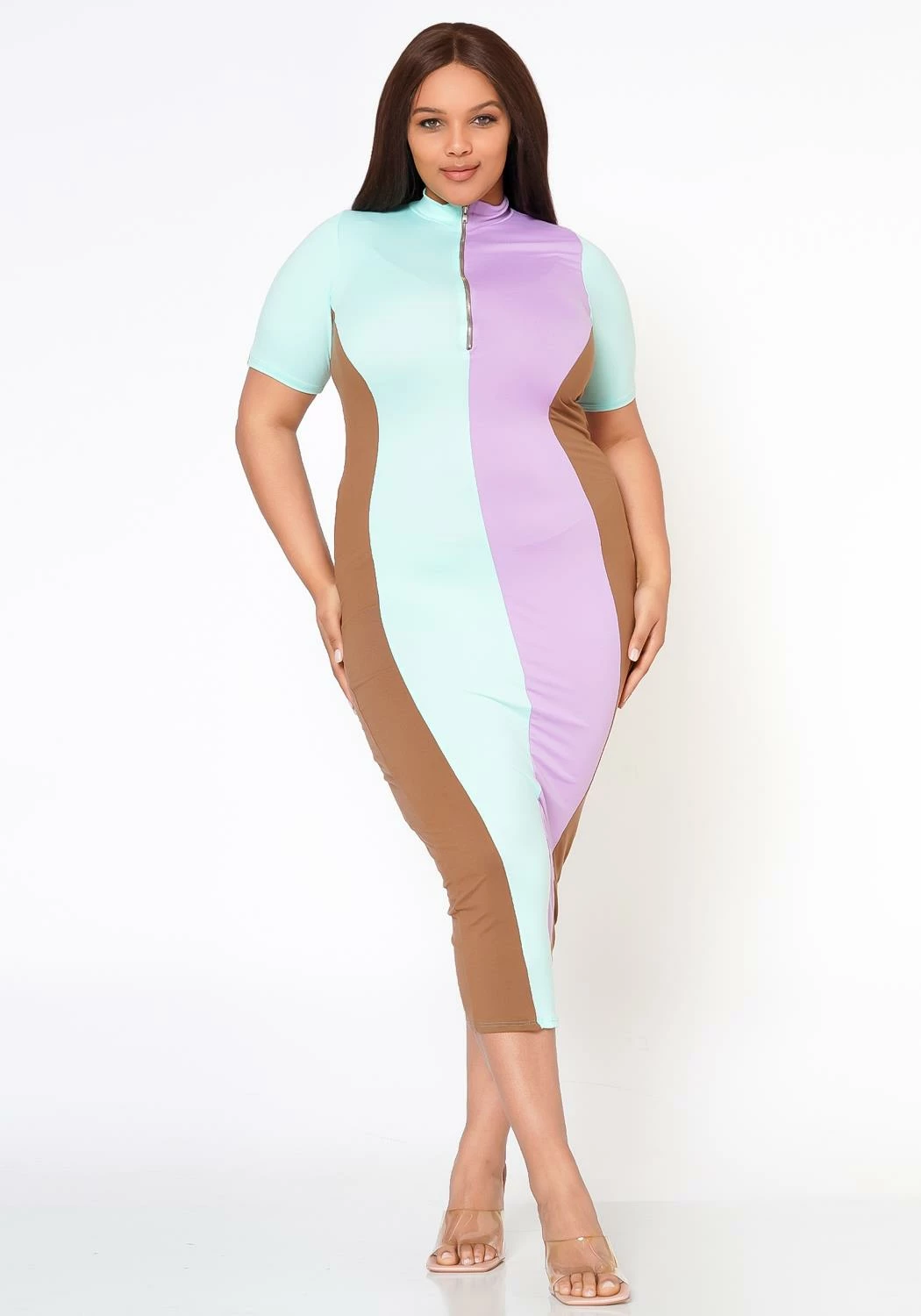 Plus Size Color Block Zip Front Bodycon Dress 3 Plus Size Color Block Zip Front Bodycon Dress - Image 3