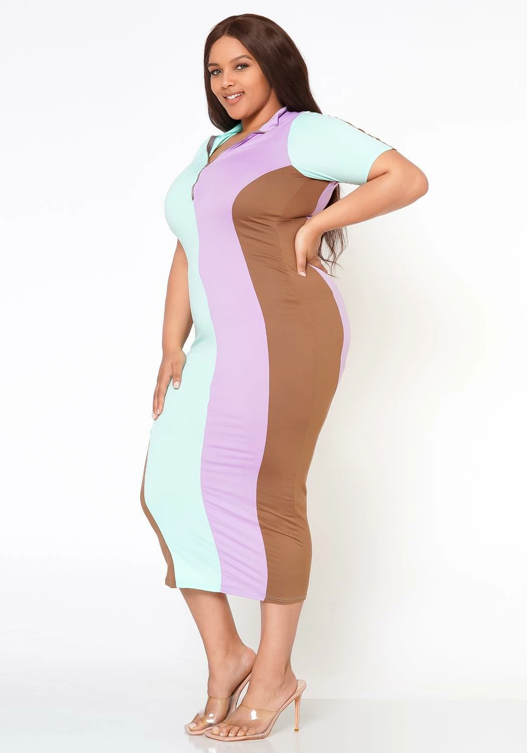 Plus Size Color Block Zip Front Bodycon Dress 4 Plus Size Color Block Zip Front Bodycon Dress - Image 4