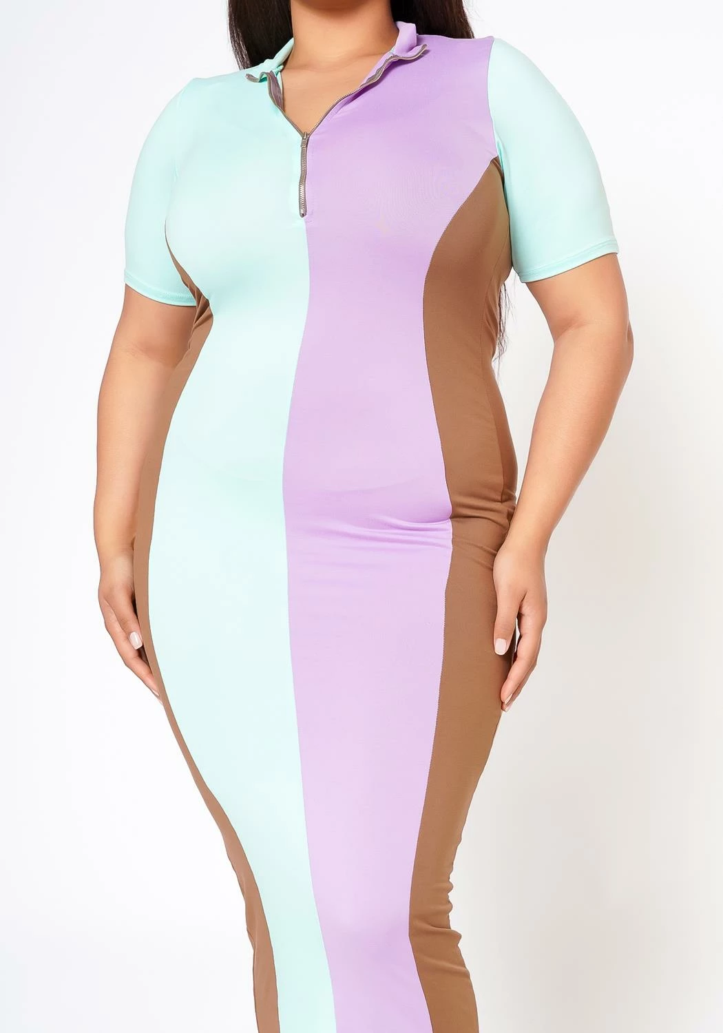 Plus Size Color Block Zip Front Bodycon Dress 6 Plus Size Color Block Zip Front Bodycon Dress - Image 6