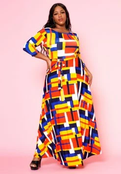 Plus Size Geometric Pattern Fit & Flare Maxi Dress