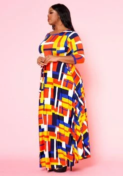 Plus Size Geometric Pattern Fit & Flare Maxi Dress -Asoph Sales Shop 2022501 002 2