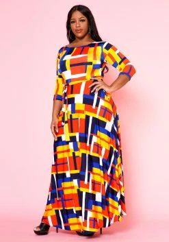 Plus Size Geometric Pattern Fit & Flare Maxi Dress -Asoph Sales Shop 2022501 002 3
