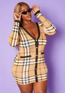 Plus Size Plaid Long Sleeve Mini Dress