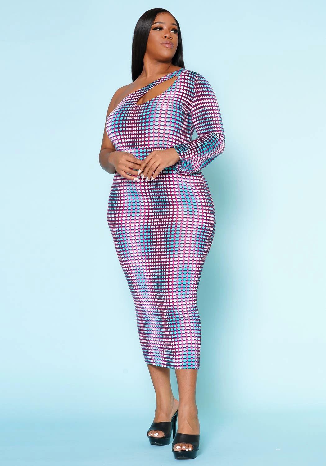 Plus Size Multi Dotted Print One Sleeve Midi Dress 2 Plus Size Multi Dotted Print One Sleeve Midi Dress - Image 2