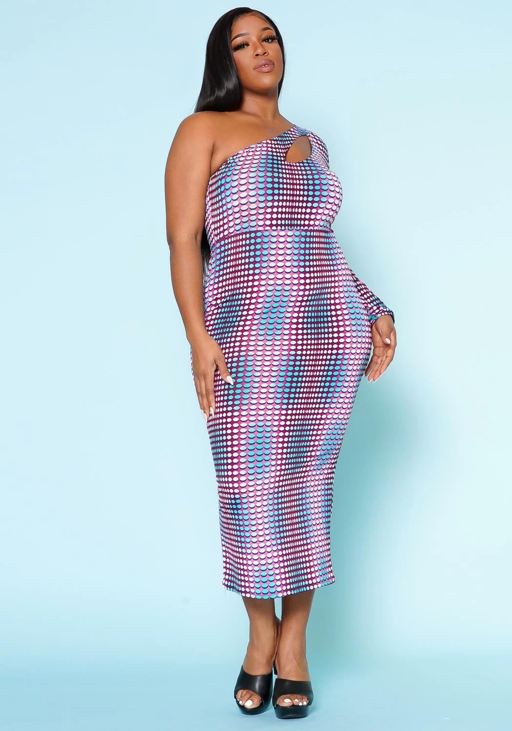 Plus Size Multi Dotted Print One Sleeve Midi Dress 3 Plus Size Multi Dotted Print One Sleeve Midi Dress - Image 3