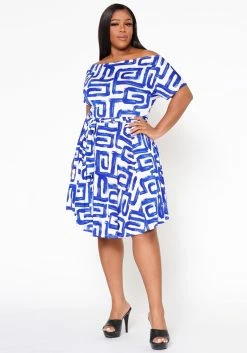 Plus Size Abstract Print Off Shoulder Flare Dress -Asoph Sales Shop 2022519 001 3