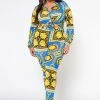 Plus Size Golden Brocade Print Collar Top & Leggings Set