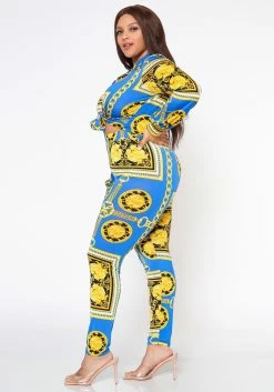 Plus Size Golden Brocade Print Collar Top & Leggings Set -Asoph Sales Shop 2022541 001 2