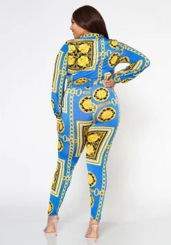 Plus Size Golden Brocade Print Collar Top & Leggings Set -Asoph Sales Shop 2022541 001 3