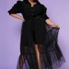 Plus Size Puff Sleeve Long Tulle Blouse