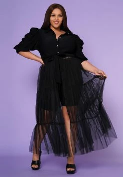 Plus Size Puff Sleeve Long Tulle Blouse