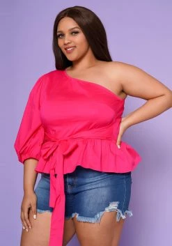 Plus Size Asymmetric One Sleeve Peplum Blouse -Asoph Sales Shop 2022554 001 3