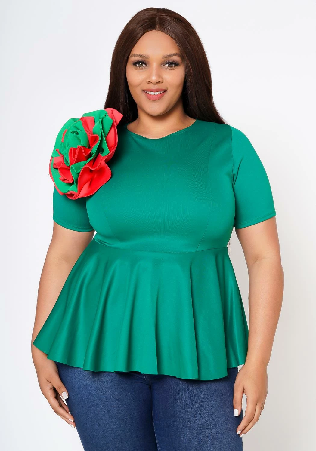 Plus Size Floral Decor Peplum Blouse 2 Plus Size Floral Decor Peplum Blouse - Image 2