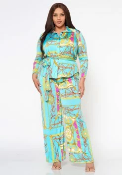 Plus Size Brocade Print Collar Top & Flare Pants Set