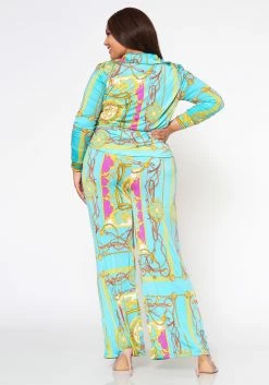 Plus Size Brocade Print Collar Top & Flare Pants Set -Asoph Sales Shop 2022562 001 3