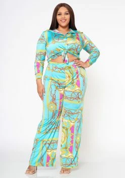 Plus Size Brocade Print Collar Top & Flare Pants Set -Asoph Sales Shop 2022562 001 4