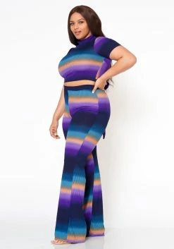 Plus Size Gradient Color Print Crop Top & Ribbed Pants Set -Asoph Sales Shop 2022574 002 2