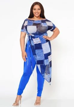 Plus Size Patchwork Mesh Print Asymmetric Top