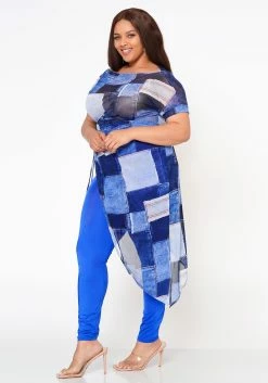 Plus Size Patchwork Mesh Print Asymmetric Top -Asoph Sales Shop 2022582 001 2