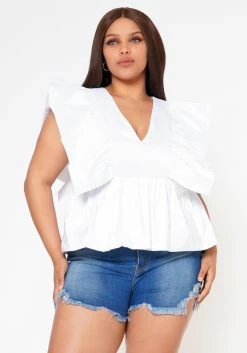 Plus Size Linen Ruffle Hem Blouse