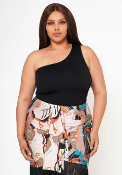 Plus Size Ribbed Knit One Sleeve Bodysuit