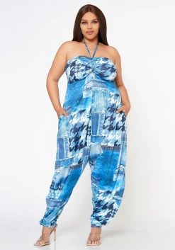 Plus Size Patchwork Denim Print Harem Jumpsuit