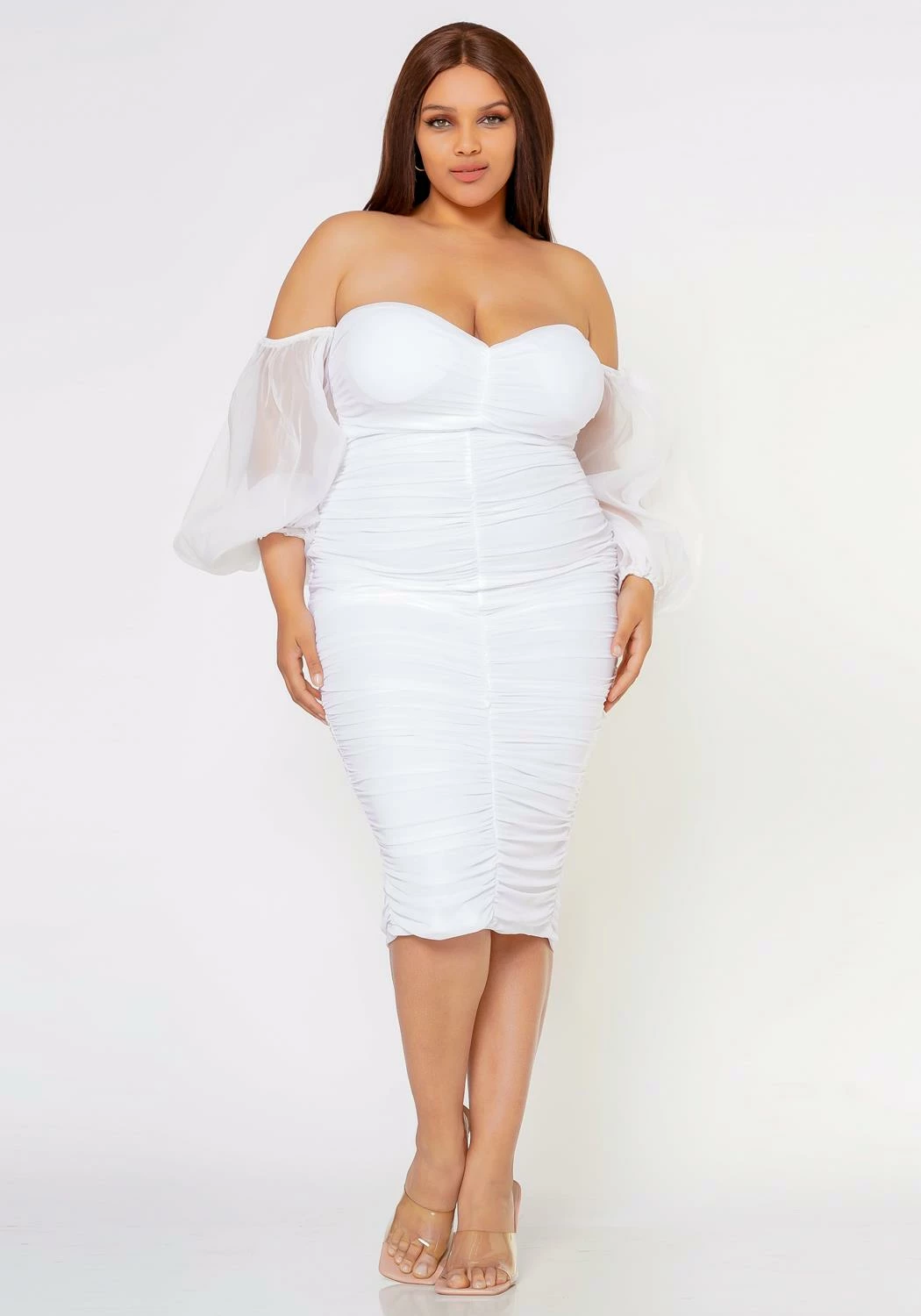 Plus Size Romantic Off Shoulder Ruched Midi Dress 2 Plus Size Romantic Off Shoulder Ruched Midi Dress - Image 2