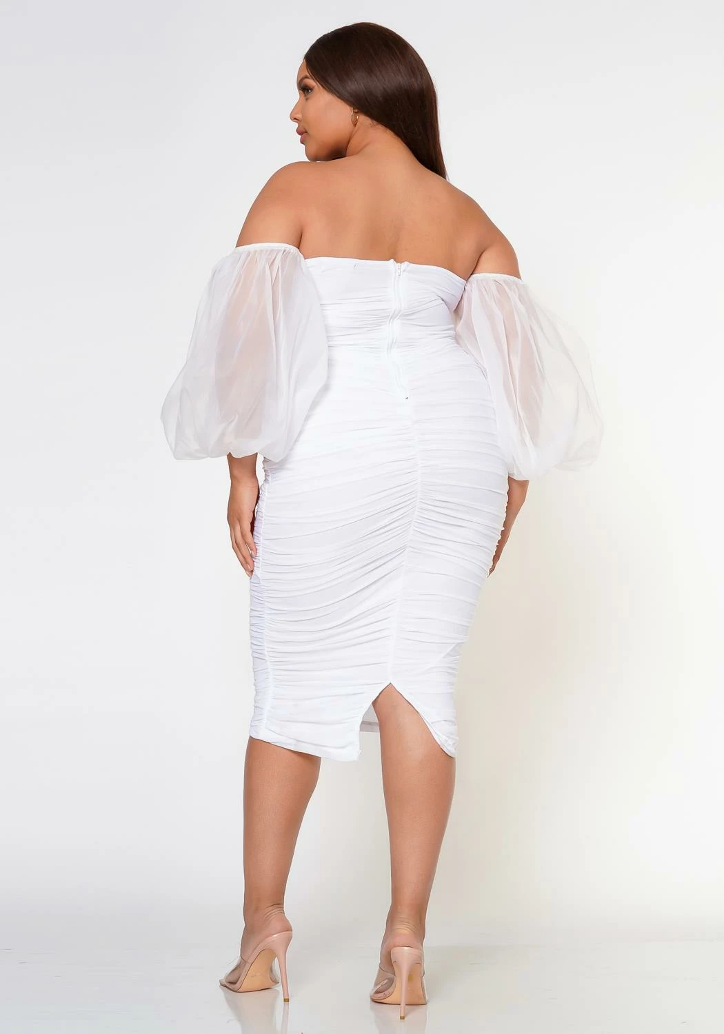 Plus Size Romantic Off Shoulder Ruched Midi Dress 4 Plus Size Romantic Off Shoulder Ruched Midi Dress - Image 4