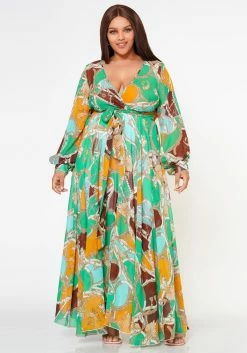 Plus Size Multi Chainlink Pattern Fit & Flare Maxi Dress