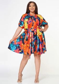 Plus Size Multi Pattern Pleated Fit & Flare Dress