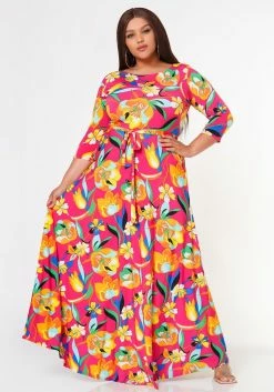 Plus Size Floral Pattern Fit & Flare Maxi Dress