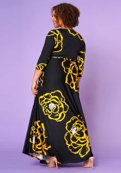 Plus Size Golden Floral Print Fit & Flare Maxi Dress -Asoph Sales Shop 2022613 001 3