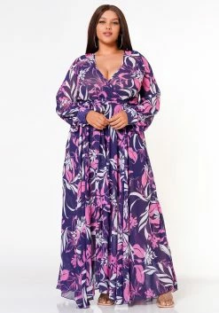 Plus Size Floral Leaf Pattern Fit & Flare Maxi Dress