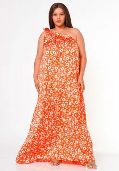 Plus Size One Shoulder Floral Print Maxi Dress