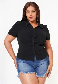 Plus Size Collar Neck Button Front Fitted Top