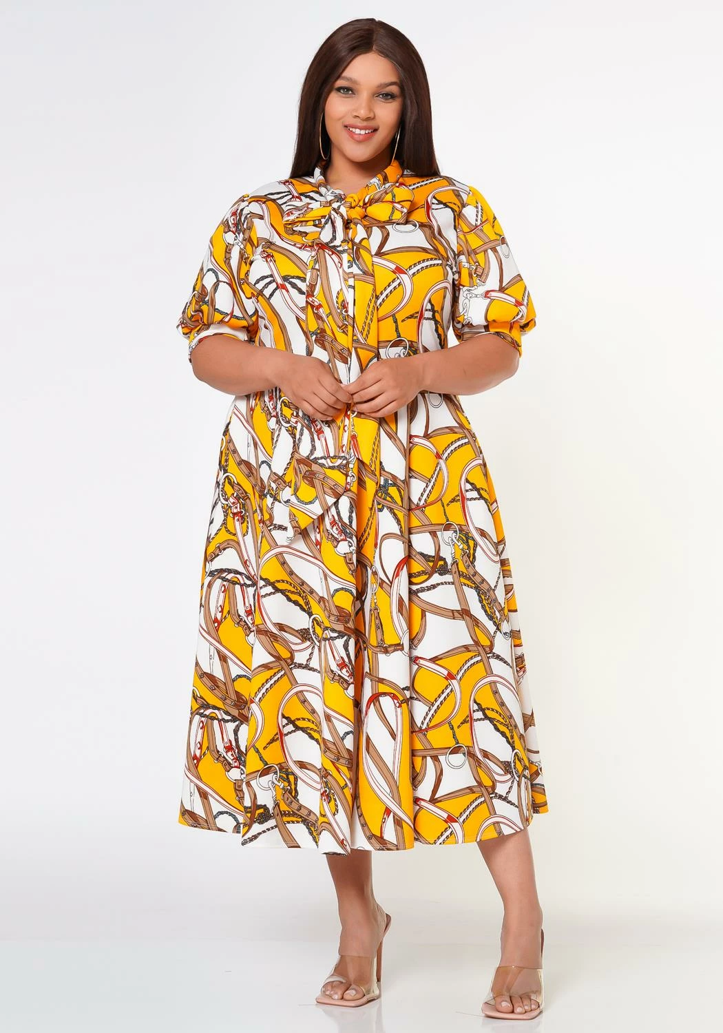 Plus Size Multi Print Bow Collar Flare Dress 2 Plus Size Multi Print Bow Collar Flare Dress - Image 2