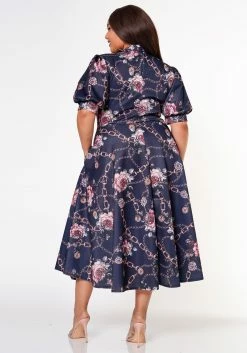 Plus Size Floral Chainlink Print Bow Collar Flare Dress -Asoph Sales Shop 2022633 001 3