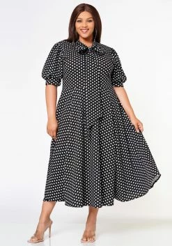 Plus Size Polka Dot Print Bow Collar Flare Dress