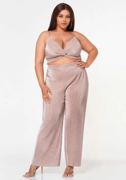 Plus Size Pleated Twist Hem Cami Top & Flare Pants Set
