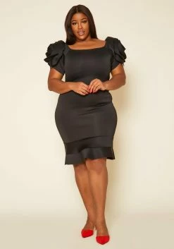 Plus Size Ruffle Flower Shoulder Midi Dress -Asoph Sales Shop 2022638 001 2