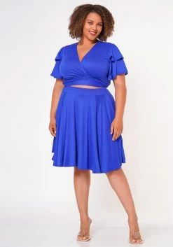 Plus Size Ruffle Sleeve Wrap Blouse & Flare Skirt Set