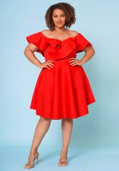 Plus Size Off Shoulder Ruffle Hem Dress