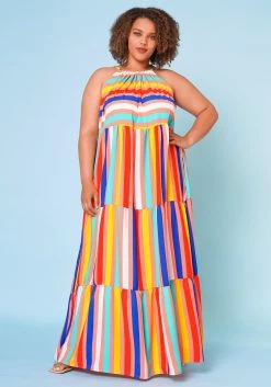 Plus Size Multi Stripe Halter Neck Flare Maxi Dress -Asoph Sales Shop 2022668 002 2