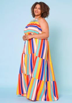 Plus Size Multi Stripe Halter Neck Flare Maxi Dress -Asoph Sales Shop 2022668 002 3