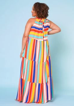 Plus Size Multi Stripe Halter Neck Flare Maxi Dress -Asoph Sales Shop 2022668 002 4
