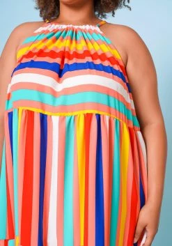 Plus Size Multi Stripe Halter Neck Flare Maxi Dress -Asoph Sales Shop 2022668 002 5