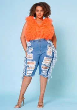 Plus Size Distressed High Waist Biker Shorts