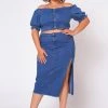 Plus Size Denim Off Shoulder Crop Top & Skirt Set